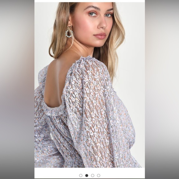 Lulu’s Impressive Cutie Lavender Floral Lace Balloon Sleeve Peplum Top - Picture 2 of 11